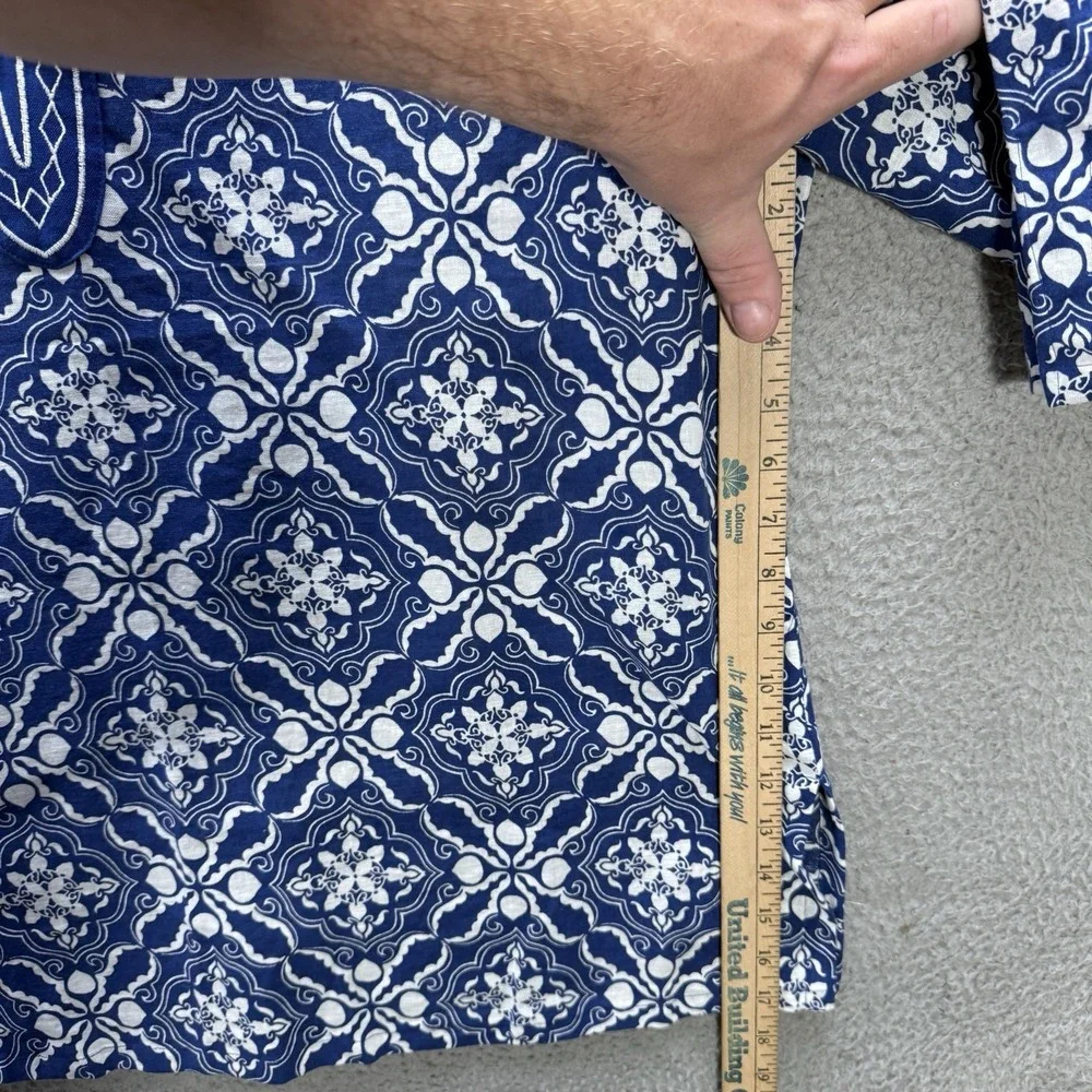 Tweeds Shirt‎ Womens 1X Blue White Geometric Embroidered Linen Blend Coastal